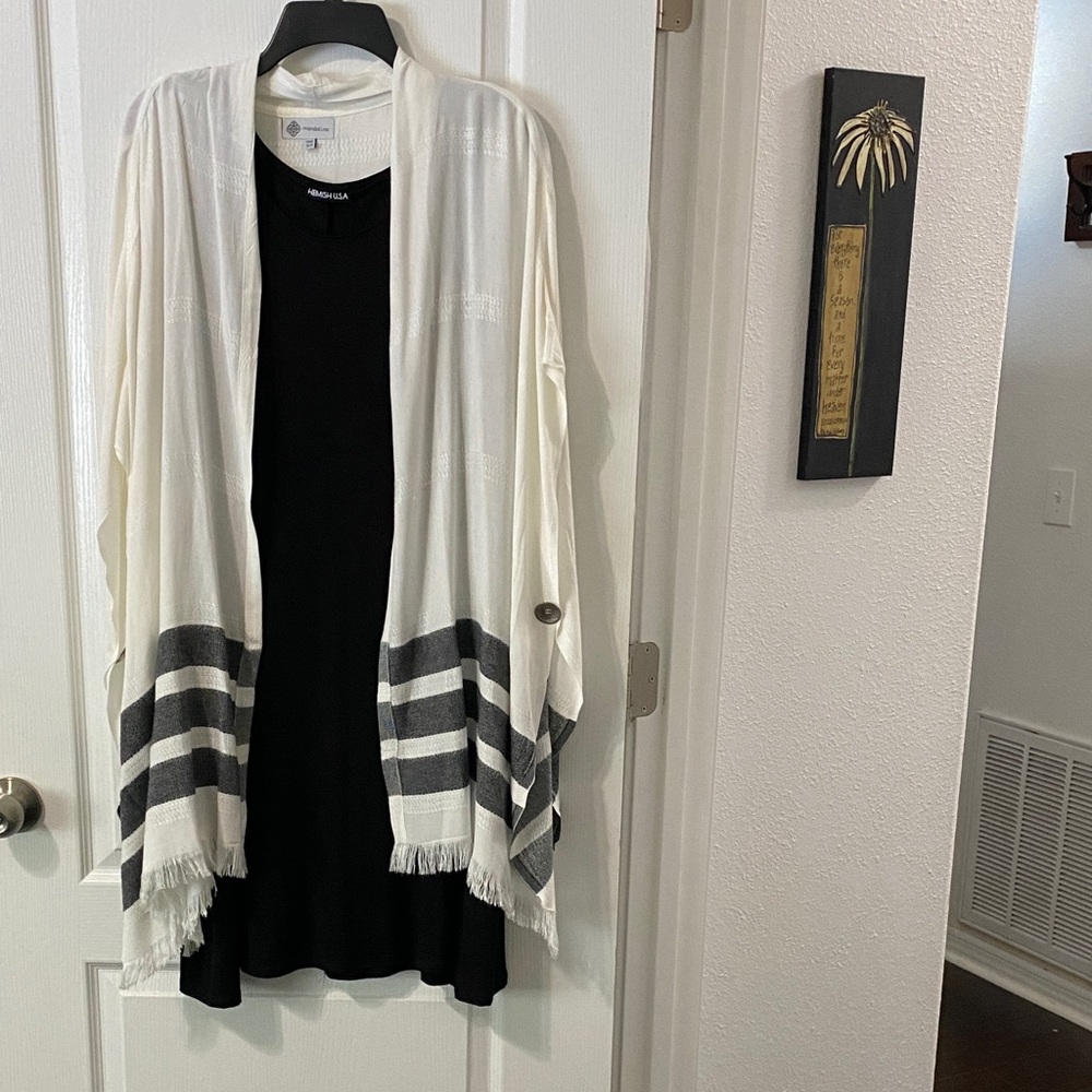 Black swing Dress with White and Gray Striped Cover